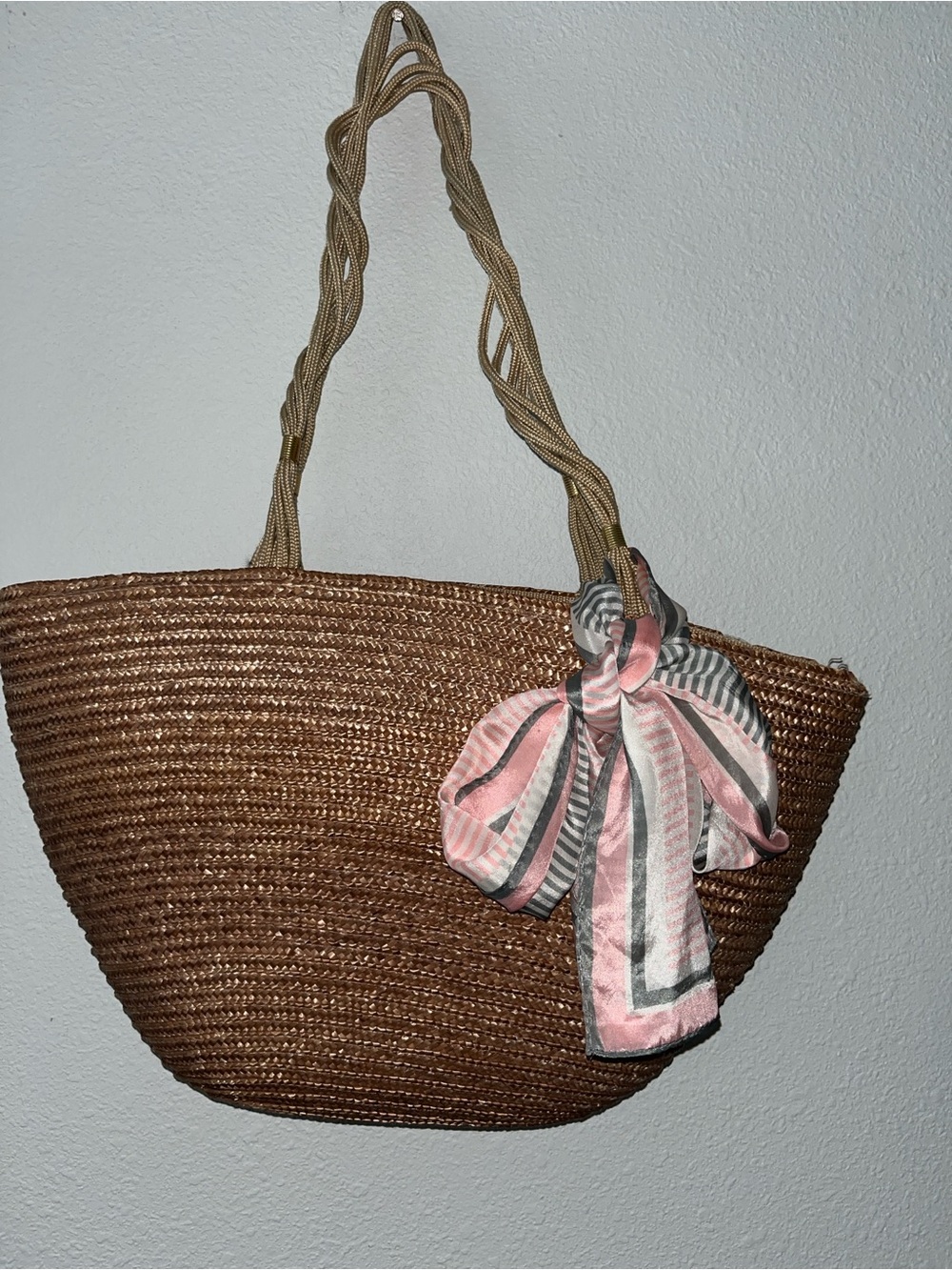 VNTG  “Vera” Pink and Gray Striped silk scarf
Hand rolled hem 
50”x 10”